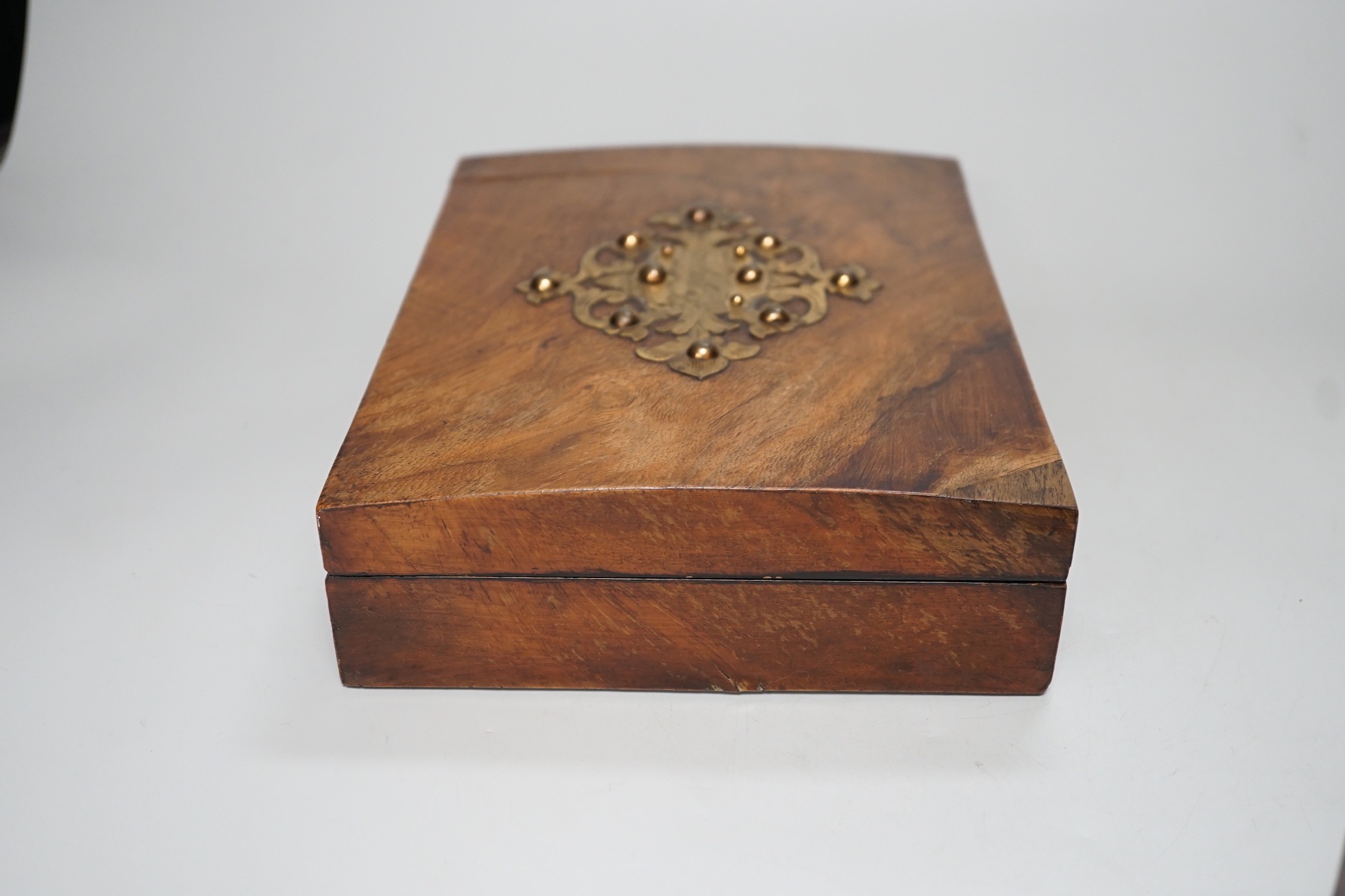 A Victorian walnut and brass 'Bezique' games box and a rosewood box. Largest 23cm wide